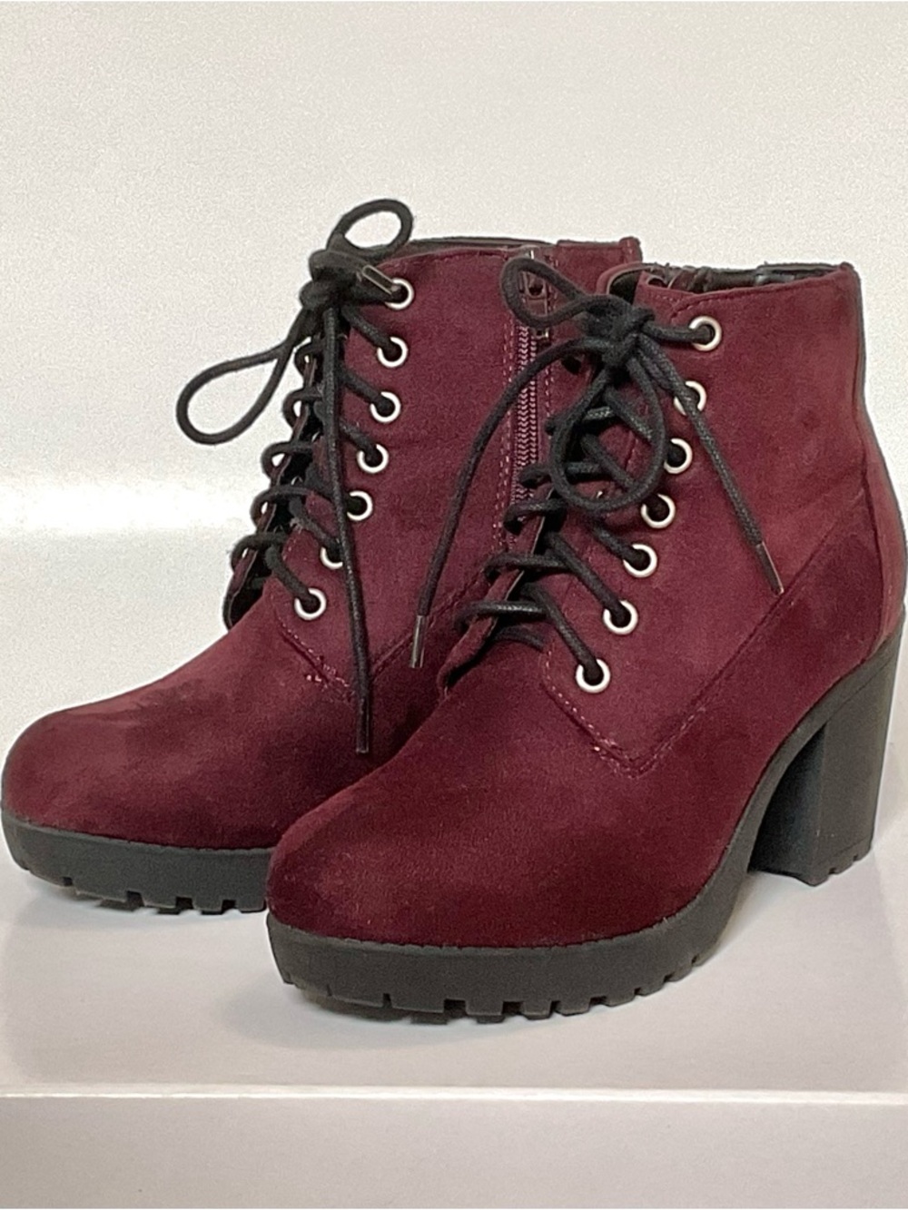 Burgundy Lace-Up Block Heel Ankle Boots